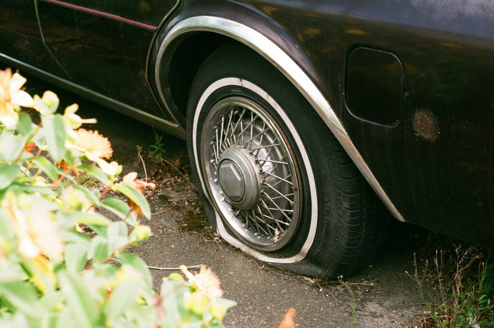 Man struggling with a flat tire on the roadside